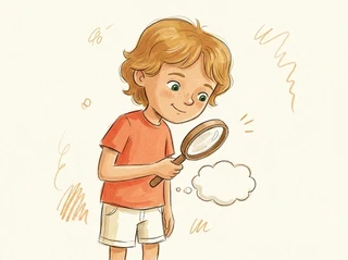 Henry holding a magnifying glass up thoughtfully, examining a little speech-bubble shape floating near his tummy, a playful detective pose