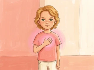 Henry with a small hand on his chest, a gentle thoughtful expression, quietly noticing what&rsquo;s going on inside