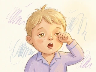 Jack with gently droopy eyes and a small yawn, rubbing one eye with his small fist, cozy warm lamplight