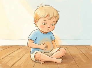 Jack with his small hand resting on his belly, a gentle thoughtful-listening expression, a soft orange glow around his tummy suggesting it&rsquo;s &rsquo;talking&rsquo; to him