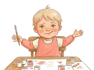 A child mid-art-project with a happy crinkled-brow &lsquo;oh well!&rsquo; expression, a small paint splatter landing on their cheek, arms open in a &rsquo;that&rsquo;s okay!&rsquo; gesture, still smiling