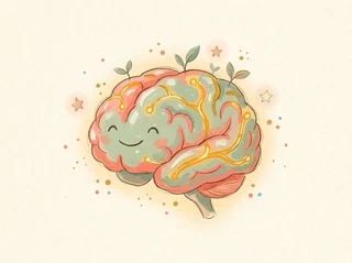 A brain growing tiny sparkling new golden pathways, small flowers and sprouts opening, surrounded by soft gentle sparkle dots and little &lsquo;aha!&rsquo; stars, metaphorical and whimsical — NOT medical