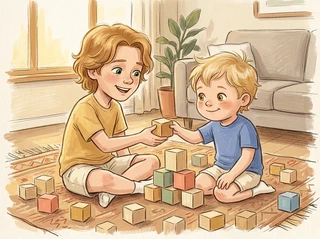 Two small brothers rebuilding a block tower together after it fell — blocks scattered on the rug around them, the older brother laughing softly while handing his younger brother a block, the younger brother receiving it with a determined hopeful smile, joyful cooperation after a &lsquo;setback&rsquo;