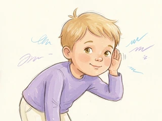 A small child leaning forward with one hand cupped around their ear in an exaggerated cute &lsquo;all ears&rsquo; listening pose, big curious eyes, gentle half-smile