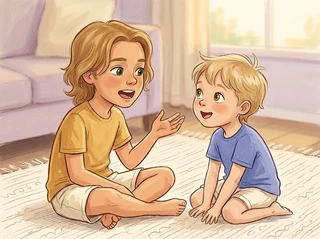 Two small brothers sitting close together, the older brother telling a story with expressive gestures, the younger brother leaning in listening with big bright focused eyes and a little open-mouth &lsquo;wow&rsquo; expression, both absolutely connected in the moment