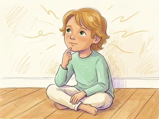 A small child sitting cross-legged, clearly focused on listening — eyes looking gently up at an unseen speaker, ears visible, mouth softly closed, body still, one small hand lightly touching their own chin thoughtfully