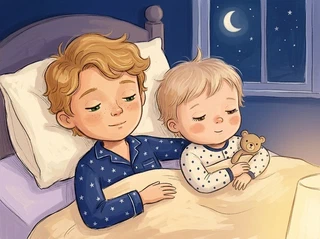 Henry and Jack tucked into a cozy bed together, a soft warm nightlight glow in the room, half-asleep peaceful faces, a soft crescent moon in the window