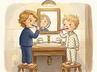 Henry and Jack at the bathroom sink brushing their teeth together in pyjamas, warm bedtime lamplight, cozy quiet evening routine