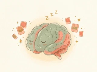 A gentle whimsical picture-book illustration of a cozy sleeping brain with small zzzs floating above, tiny warm golden sparkles and little files/memories being gently organized into neat rows by invisible friendly helpers, nothing scary, warm cream background
