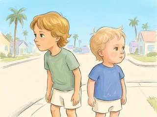 Henry and Jack standing together at a safe curb, Henry leaning slightly forward looking LEFT down the street while Jack mirrors and looks RIGHT, both calm and focused, sunny afternoon