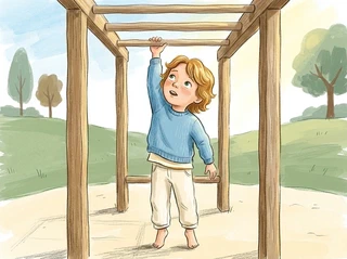 A small child looking up hopefully at a set of monkey bars, reaching one small hand toward the first bar with determined curiosity