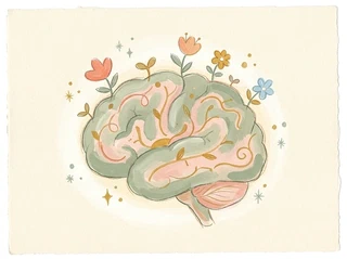 A gentle picture-book drawing of a cozy, softly glowing brain with tiny sprouts and flowers and little warm golden paths growing out of it — metaphorical, whimsical, not medical at all, surrounded by soft sparkles