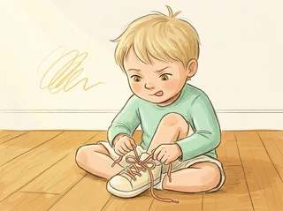 A small child on the floor concentrating hard on tying a shoe, laces a tangled mess, tongue sticking out slightly in concentration, warm and non-judgmental
